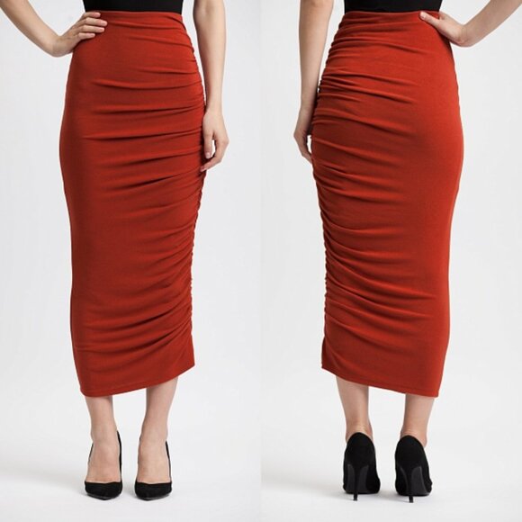 alice + olivia | Mindie Ruched Midi Fitted Skirt in Rust / Terracotta Size Small - Picture 2 of 6